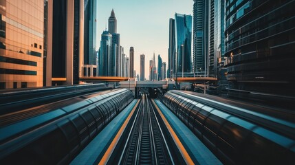 Fototapeta premium Dubai Metro at Dawn: A Glimpse of Urban Transit and Modern Architecture
