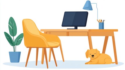 Fototapeta premium Cozy Home Office Workspace with Desk, Chair, and Adorable Dog