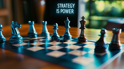 Close-up of a chessboard with pieces positioned, highlighting strategy with a motivational quote in a vibrant setting.