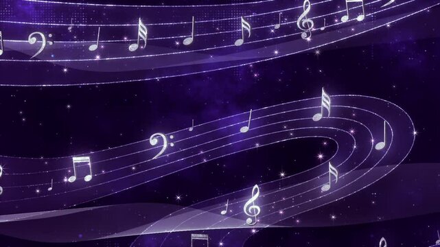 Beautiful Luxury purple music note symbol. music bar line particles trail on space. magical stardust glowing, for ceremony event, Digital Art, Modern background, motion design, Loopable, LED, 4K