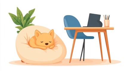 Cozy Workspace with Sleeping Dog on Soft Bean Bag Chair