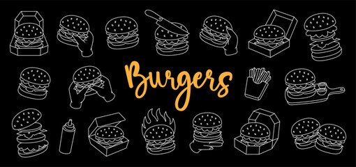 Burger outline set. Beef burger, hamburger, veggie burger, cheeseburger. Takeaway snack. Vector illustration.