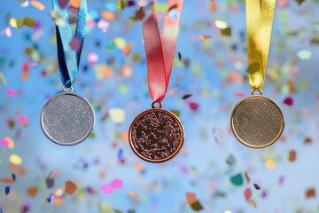 Three medals on ribbon with confetti