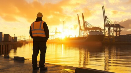 Fototapeta premium Worker on Pier with Sunset Over Industrial Harbor