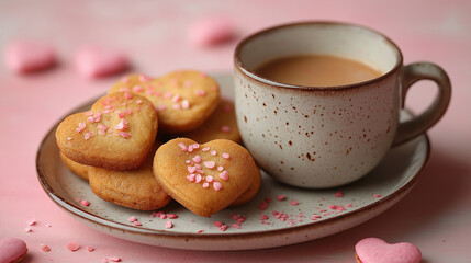 Heart shaped biscuits  and a mug of cocoa on a table