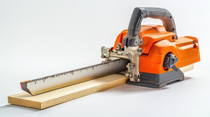 A power saw and wood plank on a white isolated background