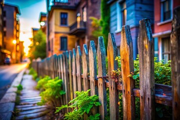 Obraz premium Miniature Old Abandoned Wooden Fence on City Street, Tilt-Shift Photography