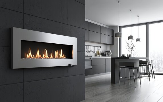 A contemporary wall-mounted bio fireplace in a silver metal frame, set in a modern kitchen with sleek cabinetry
