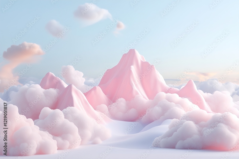 Poster abstract mountain peaks bathed in soft pastel hues emerge from fluffy clouds against a clean sky blu