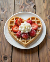 Heart-Shaped Waffle with Strawberries and Whipped Cream Delight