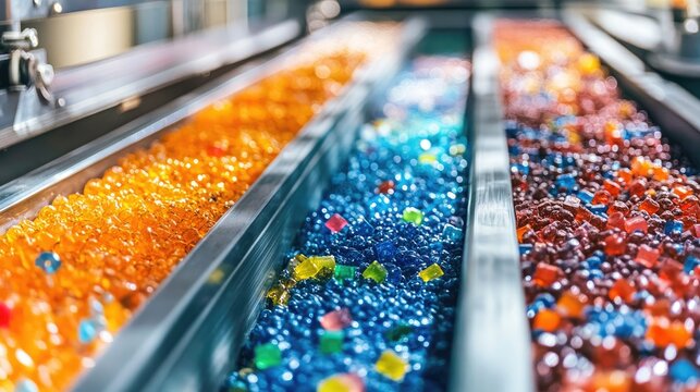 Rows of brightly colored plastic granules being sorted in a processing unit.