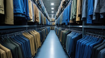 Fototapeta premium Rows of garments hanging in a factory storage room.
