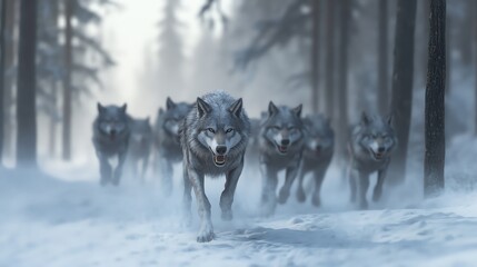 A pack of wolves trudging through a snowy forest, exuding a sense of unity and strength as they navigate the cold wilderness, showcasing their majestic presence in nature.