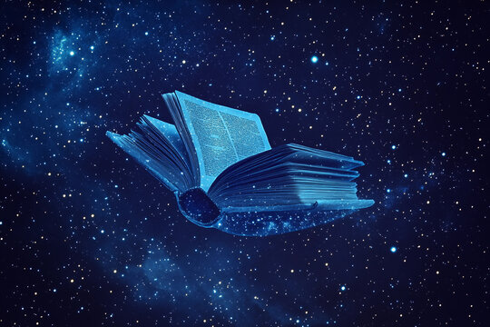 A book floats in space with a distant planet surrounded by stars, symbolizing knowledge and exploration in the universe