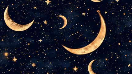 Fototapeta premium Golden crescent moons and stars night sky pattern, celestial design for fabric, wallpaper, or website background