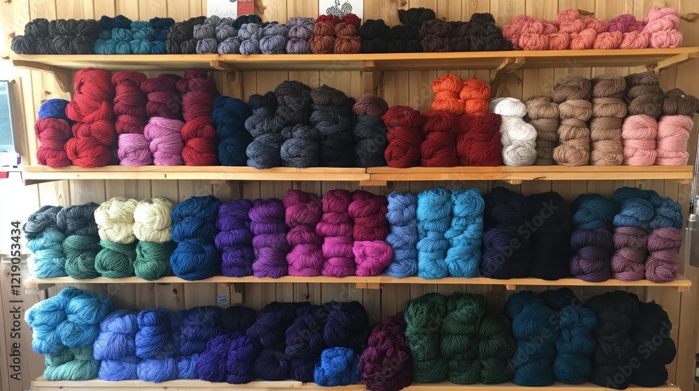 Poster threads in multiple colors arranged on shelves in a workshop.