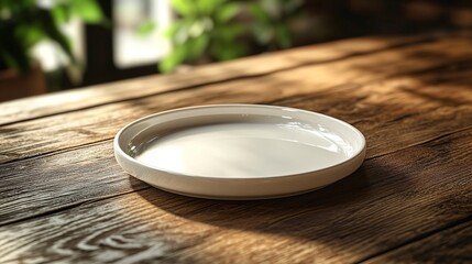 Empty white plate on rustic wooden table.