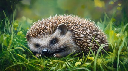Fototapeta premium A peaceful hedgehog resting on a bed of vibrant green grass, surrounded by delicate wildflowers