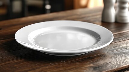 Empty white dinner plate on rustic wooden table.