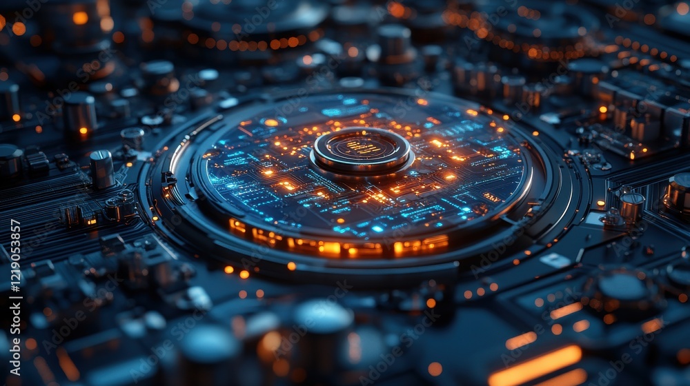 Poster abstract close-up of a futuristic circuit board with glowing elements and intricate patterns