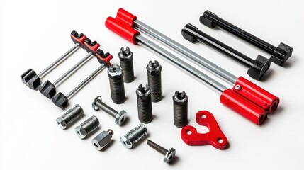 Naklejka premium A set of scaffolding tools including clamps and bolts on a white isolated background