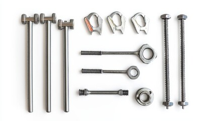 A set of scaffolding tools including clamps and bolts on a white isolated background