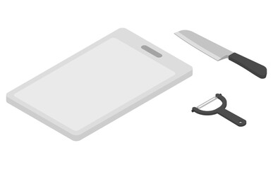 アイソメトリックイラスト：包丁とまな板