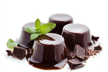 chocolate jello on a white background, with a mint leaf, delicious and inviting, a close-up shot, isolated on the left side, high resolution, realistic texture, natural lighting.