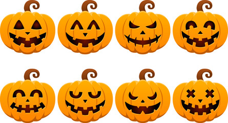 Halloween Pumpkin Set Vector Illustration On White Background, Scary Pumpkin Faces