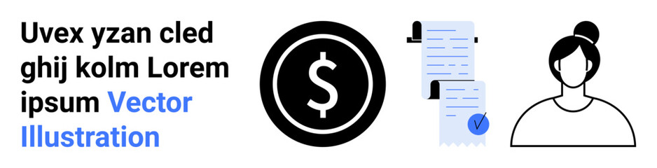 Black dollar icon, blue documents with a check mark, and female profile. Ideal for finance, business, contracts, profiles, management, documentation, validation. Landing page