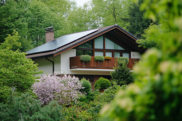 Beautiful Contemporary House with Solar Panels on the roof and green grass around the garden