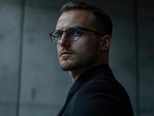 Obraz premium Man in Suit and Glasses Looking Off-Side