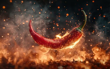 A close-up of a single red chili pepper with fire swirling around its edges, set against a smoky background.