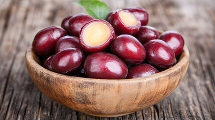 Obraz premium Juicy Red Cornelian Cherries in Wooden Bowl