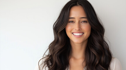 Naklejka premium A beautiful woman with long, flowing dark brown hair smiling and showcasing her healthy, shiny hair after using the product. Set against a white background, the sharp focus highlights each strand 
