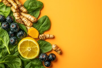 Vibrant Detox Ingredients- Lemon, Turmeric, Spinach, and Blueberries on Orange