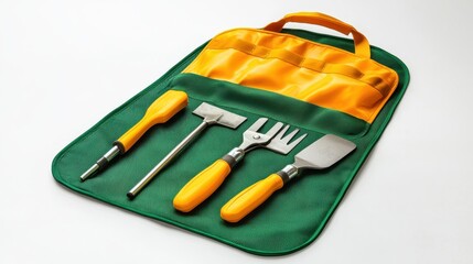 A garden kneeling pad with small hand tools on a white isolated background