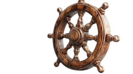 Wooden ship wheel on black background, maritime leadership concept