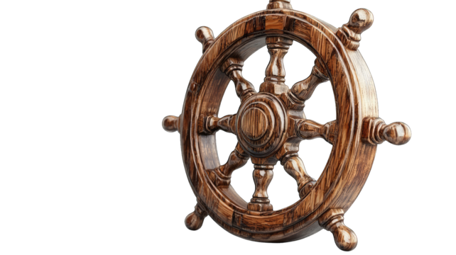 Wooden ship wheel on black background, maritime leadership concept
