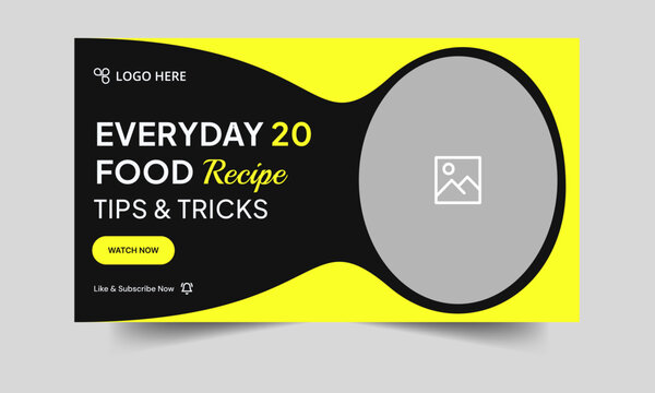 Best food recipe tips and techniques video thumbnail banner design, delicious food review tricks video thumbnail banner design, customizable vector eps 10 file format