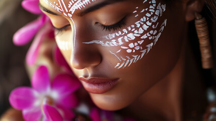 A close-up portrait of a stunning woman with Polynesian-style face paint and flowers, resembling an Aztec princess. The intricate designs also incorporate Maori art, 