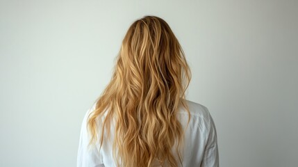 Naklejka premium Woman's long blonde hair, rear view, white shirt, plain background, haircare advertisement