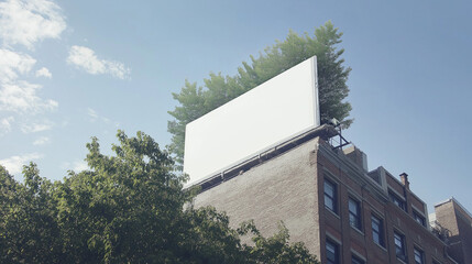 A horizontal white poster in an OOH advertising structure, positioned at the top of a building in iconic New York City. The shot captures the vibrant urban environment,