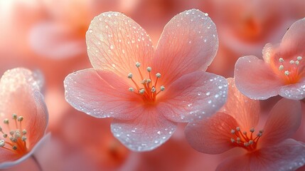 Fototapeta premium Dewy pink blossoms in morning light, blurred background, floral backdrop