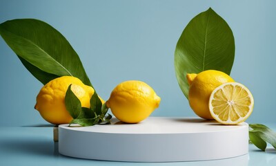 Summer product podium with lemon and leaf Display Mockup White empty podium cylinder and citrus Advertising product