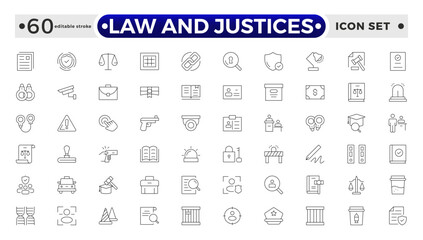 law and Justices icon set such as thin line divorce, protection law, diplopy, law enforcement, firm, police badge, services icons for report, and presentation. Editable stroke outline icon.   