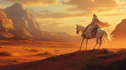 A rider dressed in traditional Middle Eastern attire rides a beautifully adorned Arabian horse across a vast desert landscape at sunrise, with warm golden light illuminating the sand 