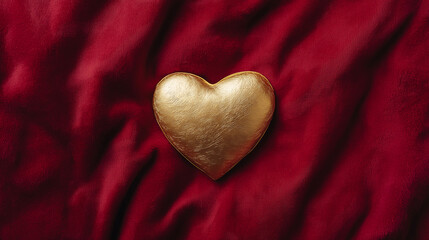 A shining gold heart rests on a rich velvet red background, symbolizing love and kindness, with soft golden light casting a warm glow over the scene, enhancing its elegance and emotional warmth.