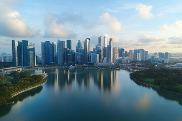 Fototapeta premium Urban skyline reflecting in calm water during late afternoon with clouds in the sky