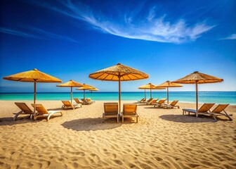 Fototapeta premium Minimalist Beach Scene: Sun Loungers & Parasols on Sandy Shore